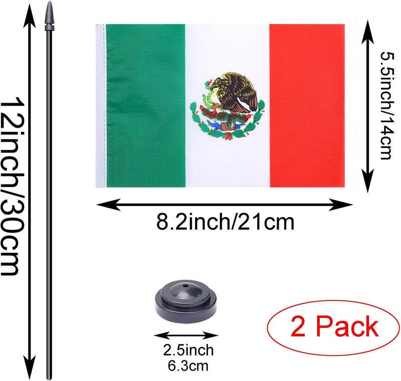 WXTWK 2 Pack Mexico Flag Mexico Deluxe Desk Flag Set - Mini Small Mexican Table Office Flags with Black 12" Solid Pole Stand Base Classroom Meeting Desktop Decorations - Image 2